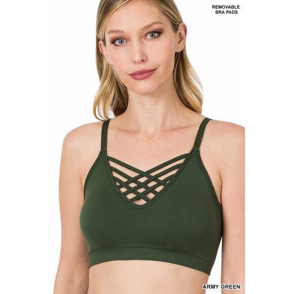 2X/3X Army Green Front V Lattice Bralette + bra padding adjustable straps Zenana - Picture 16 of 16